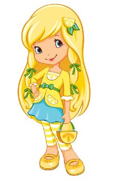 a cartoon girl with blonde hair holding a blue purse and lemons on her shoulder