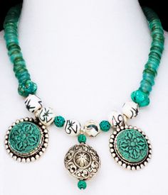 Asia Meets Africa  Double Dorje Vajra & Om by SilkRoadJewelry, $95.00 Green Bohemian Medallion Jewelry, Spiritual Turquoise Jade Necklace, Festival Carved Amulet Jewelry, Carved Amulet Jewelry For Festivals, Traditional Jade Jewelry For Meditation, Traditional Green Medallion Jewelry, Turquoise Gemstone Beads Jewelry For Festivals, Bohemian Carved Turquoise Jewelry, Turquoise Carved Bohemian Jewelry