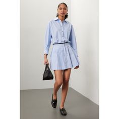 Blue cotton (Main fabric: 100% Cotton, Piping: 100% Cotton). Casual dress. Long sleeves. Collared neckline. Front button closure. 36" from shoulder to hemline. Imported. Spring Cotton Shirt Dress With Placket, Cotton Shirt Dress With Placket For Spring, Cotton Shirt Dress For Day Out, Spring Cotton Button-up Shirt Dress, Blue Cotton Collared Mini Dress, Blue Collared Cotton Mini Dress, Chic Cotton Shirt Dress For Daywear, Classic Spring Mini Shirt Dress, Classic Spring Mini Length Shirt Dress