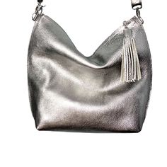 Everyday Silver Soft Leather Bag, Silver Soft Leather Travel Shoulder Bag, Silver Soft Leather Shoulder Bag For Travel, Everyday Silver Shoulder Bag In Soft Leather, Silver Soft Leather Shoulder Bag, Modern Silver Soft Leather Bag, Silver Leather Hobo Shoulder Bag, Silver Soft Leather Crossbody Bag, Silver Rectangular Soft Leather Bag