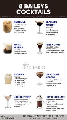 Bailey's Cocktails Bailey Cocktails Recipes, Whiskey Recipes Drink, Bailey Cocktails, Baileys Christmas Drinks, Baileys Cocktails Recipes, Kaluah Recipes Cocktails, Cocktails With Baileys, Baileys Shots, Drinks With Baileys