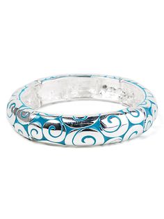 Lead compliant, silver tone and blue swirl design, stretch bangle bracelet. Blue Bohemian Metal Bracelets, Blue Bohemian Bangle Cuff Bracelet, Blue Vintage Sterling Silver Bracelet, Artistic Blue Bracelet, Vintage Blue Bangle Bracelets, Basic Bracelet, Native American Bracelets, Silver Ring Designs, Jewellery Marketing