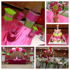 a collage of photos showing different types of cakes and decorations at a birthday party