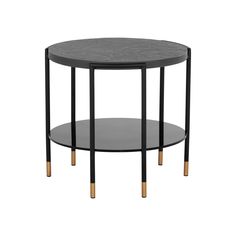 a black table with gold legs and a round glass shelf on the bottom, against a white background