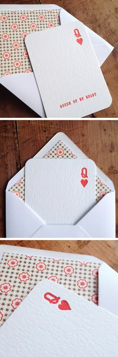 three different views of an envelope with red and white designs on the front, inside and out