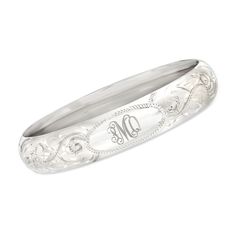 Ross-Simons - Single Initial Sterling Silver Scrollwork Bangle Bracelet. 7". Highly detailed with elegant scrollwork and brushed finishes, this bangle bracelet has a charming tone. Comes engraved for FREE with a single initial of your choice in block or script font. Includes an extension bar. Hinged sterling silver initial bangle bracelet. Initial Bangle Bracelet, Monogram Pendant Necklace, Silver Engraved Bracelet, Engraved Bangle, Cultured Pearl Bracelet, Sterling Silver Name Necklace, Silver Monogram, Sterling Silver Initial, Sterling Silver Bangle Bracelets