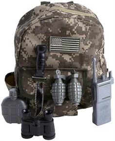 an army backpack with two binoculars and other items