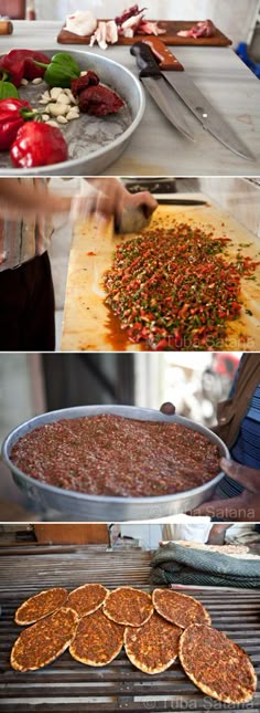 there are many different pictures of food being cooked on the grills and in pans