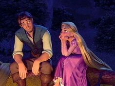 the princess and the frog are sitting next to each other in front of a fire