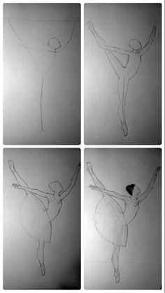 four different pictures of a ballerina in various stages of ballet movement, with one drawing on the wall