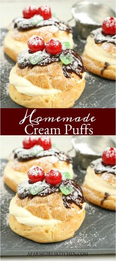 homemade cream puffs with cherries on top