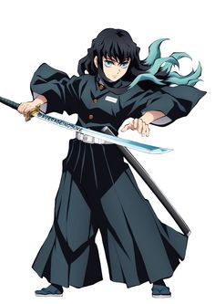 an anime character holding two swords in one hand and wearing a black outfit with blue hair