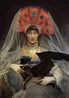 a painting of a woman holding a bird in her arms and wearing a headdress