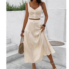 Button Detail Sweetheart Crop Top Maxi Skirt Set S M L Xl, 100% Polyester, Ships In 7-8 Days High Waisted Maxi Skirt Crop Top, Button Shirt With Skirt, Sweetheart Crop Top, Maxi Skirt Crop Top, Beach Crop Tops, Maxi Skirt Set, Long Skirt Outfits, Deep Autumn, Caribbean Cruise