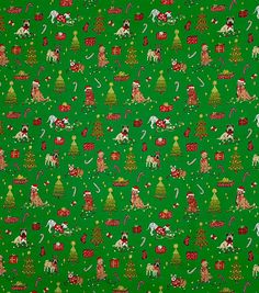 a green background with dogs and christmas trees on it's sides, all dressed up for the holiday season