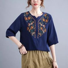 US$ 29.87 - Women's Cotton Linen Blouse Embroidery Floral Pattern Vintage Shirt Crew Neck Mid Sleeve Top - www.zicopop.com Linen Fashion, Vintage Floral Pattern, Embroidery Blouse, Linen Blouse, Spring Outfits Women, Stylish Dress Designs, Women Shirts Blouse, Casual Summer Shirts, Linen Clothes