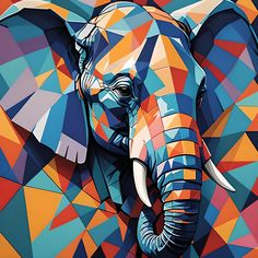 an elephant painted in bright colors on a colorful background is depicted with low polygonics