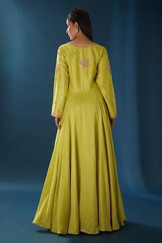 Yellow anarkali with floral embroidery using gota-patti, resham, sequin, dori and zari. Paired with a dupatta with embroidered buttis. - Aza Fashions Yellow Anarkali, Anarkali With Dupatta, Women Kurta, Embroidered Bodice, Full Sleeves, Yellow Floral, Anarkali, Aza Fashion, Full Sleeve