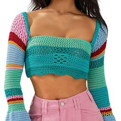 Women Color Block Knitted Crop Tops Y2k Long Flared Sleeve Square Neck Crochet Shirt 90s Streetwear Summer Tops New Without Tags. Size Large. Trendy Crochet Knit Top For Fall, Knit Long Sleeve Crop Top For Summer, Summer Long Sleeve Knit Crop Top, Stretch Knitted Long Sleeve Tops, Long Sleeve Knit Crochet Top For Summer, Stretch Knit Long Sleeve Tops, Trendy Fitted Tops With Crochet Lace, Trendy Fitted Top With Crochet Lace, Casual Knit Sweater With Crochet Lace