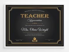 a teacher appreciation certificate with gold trimmings and a black border on a white background