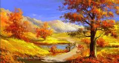 a painting of an autumn scene with trees and a path leading to a lake in the distance