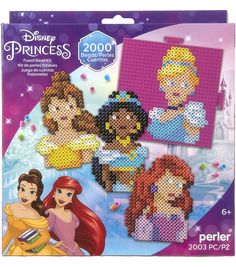 the disney princesses cross stitch kit is shown in front of a purple background and has four