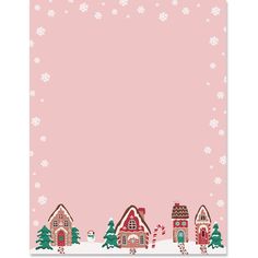 a pink christmas letter paper with houses and candy canes on the bottom, in front of snowflakes