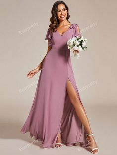 EVER-PRETTY Chiffon Split Thigh Ruffle Trim Bow Shoulder Bridesmaid DressI discovered amazing products on SHEIN.com, come check them out! Bridesmaid Gown Chiffon, Ruffles Sleeves, Dress With Ribbon, Purple Bridesmaid Dresses, Ever Pretty, Short Bridesmaid Dresses, Chiffon Bridesmaid Dress, Bridesmaid Gown, Chiffon Bridesmaid