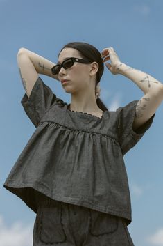 Carleen Rickrack Square Neck Shirt - Washed Black Chambray on Garmentory Summer Tops With Relaxed Fit For Daywear, Summer Cotton Tops With Square Neck, Summer Tops With Square Neck For Day Out, Cotton Tops With Square Neck For Summer, Cotton Square Neck Tops For Summer, Summer Square Neck Top For Day Out, Square Neck Summer Tops For Day Out, Everyday Cropped Blouse For Spring, Fitted Spring Tops For Casual Wear