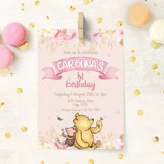 winnie the pooh birthday party card with gold confetti and cupcakes