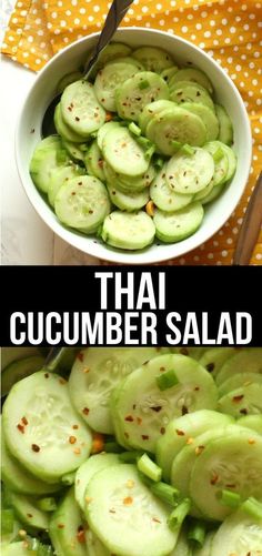 cucumber salad in a bowl with the words thai cucumber salad above it