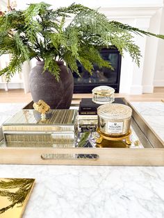 a tray with candles and plants in it on a table next to a fire place