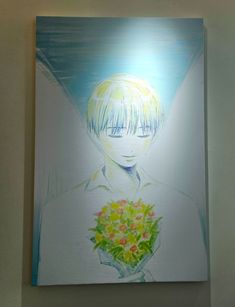 a painting of a person holding a bouquet of flowers in front of a white wall