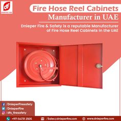 fire hose reel cabinet manufacturer in usa with red cover and white lettering on the front