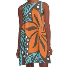 Loose-fit, mid-length sleeveless dress with silky handfeel. Printed on both sides. Machine washable. Size range XS-2XL. Polynesian Hawaiian big flower blue orange floral tattoo design on brown background Polynesian Dress, Dark Brown Background, Hawaiian Party Theme, Tiki Dress, Polynesian Tattoos, Dresses For, Loose Dresses, Floral Tattoo Design, Tropical Dress