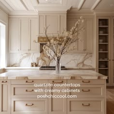 an elegant kitchen with marble counter tops and white cabinetry is featured in this postcard