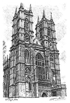 a drawing of an old church in black and white