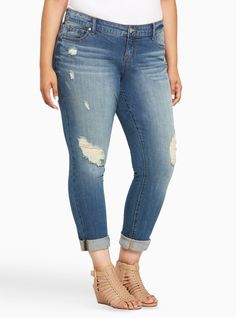 Plus Size Torrid Boyfriend Jeans - Medium Wash with Ripped Destruction, CLOVERDALE Plus Size Boyfriend Jeans, Plus Size Ripped Jeans, Business Casual Jeans, Plus Size Distressed Jeans, Womens Dress Coats, Flattering Jeans, Tactical Clothing, Jeans Ripped, Distressed Boyfriend Jeans