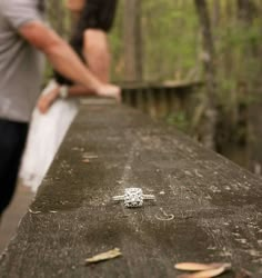 two people standing on a bridge in the woods