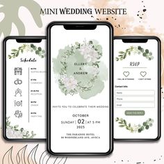 the wedding website is displayed on two phones, with flowers and greenery in the background