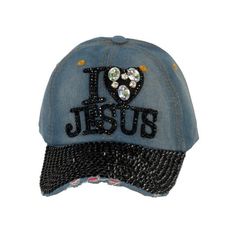 A fashionable and faith-filled accessory for any stylish woman! This hat is designed with both style and spiritual significance in mind, making it the perfect addition to your wardrobe. Crafted from high-quality materials, this hat features a shimmering glitter finish and bold I Love Jesus" statement that will catch the eye and express your love for your faith. The hat design provides ample sun protection and coverage, making it ideal for outdoor activities, religious events, or just a casual da Denim Visor Hat One Size, Blue Denim Visor Hat, Blue Adjustable Hat With Rhinestones, Trendy Rhinestone Baseball Cap, Trendy Rhinestone-embellished Cap, Crystal Pattern, Hat Designs, Black Denim, Cloth Bags