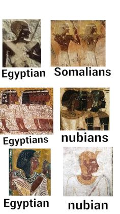 four different types of egyptian paintings on the side of a white wall with words written below them