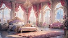 an ornate bedroom with pink curtains, chandelier and bed in the middle of it