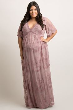 Mauve Lace Mesh Overlay Plus Maternity Maxi Dress Plus Maxi Dress, Plus Size Maternity Clothes, Plus Size Maternity Dresses, Short Bell Sleeves, Trendy Maternity Outfits, Lace Maternity Dress, Plus Size Maternity, Maternity Maxi Dress, Stylish Maternity Outfits