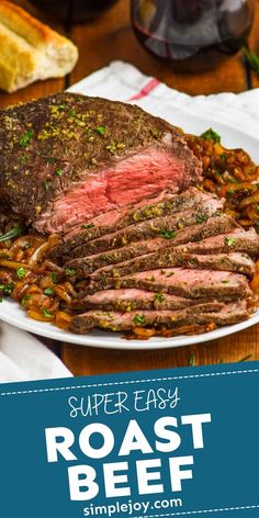 the roast beef is served on a plate with beans and garnished with parsley