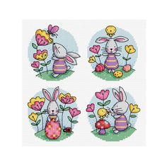 four cross stitch pictures of easter bunnies with flowers and an egg in the grass