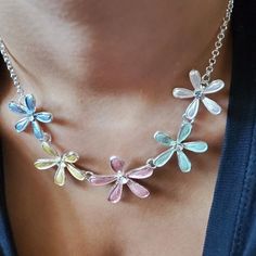 Multi Flower Link Necklace Set | Fashion Hut Jewelry Necklace Set Silver, Flower Statement Necklace, Flower Choker, Pearl Necklace Set, Silver Chain Style, Pastel Flowers, Flower Pendant Necklace, Ankle Bracelets, Chain Link Necklace