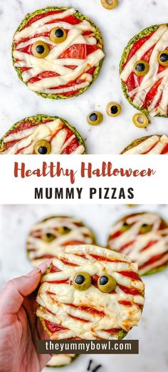 healthy halloween pizzas with cheese and olives in the shape of heart shaped eyes