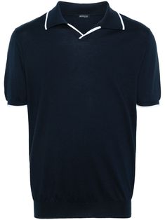 navy blue cotton knitted construction contrasting trim ribbed trim polo collar V-neck short sleeves unlined straight hem Contrasting Trim, Cotton Polo Shirt, Cotton Polo, Polo Collar, Knit Cotton, Polo Shirt, Navy Blue, Short Sleeves, Mens Shirts