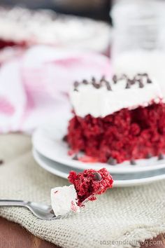 a slice of red velvet cake on a plate